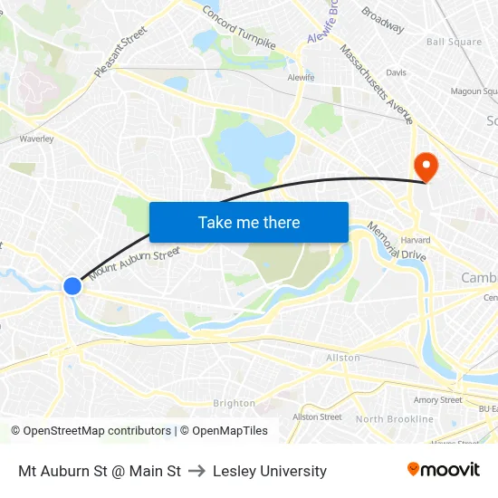 Mt Auburn St @ Main St to Lesley University map
