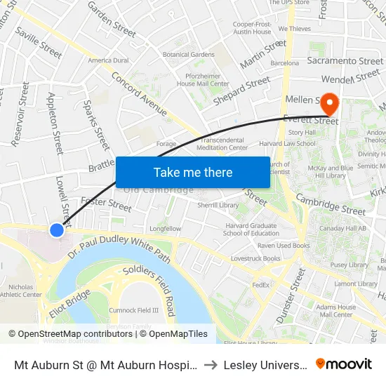 Mt Auburn St @ Mt Auburn Hospital to Lesley University map