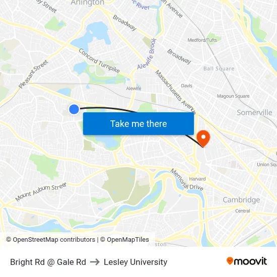 Bright Rd @ Gale Rd to Lesley University map