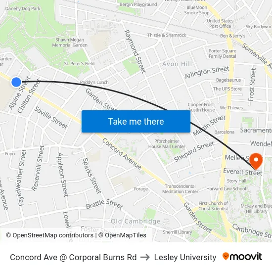 Concord Ave @ Corporal Burns Rd to Lesley University map