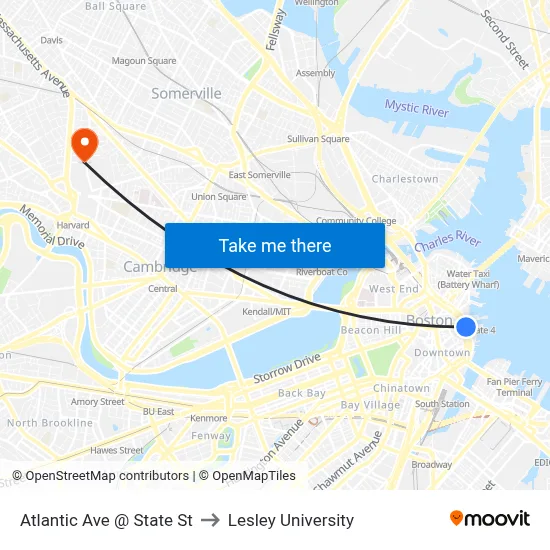 Atlantic Ave @ State St to Lesley University map