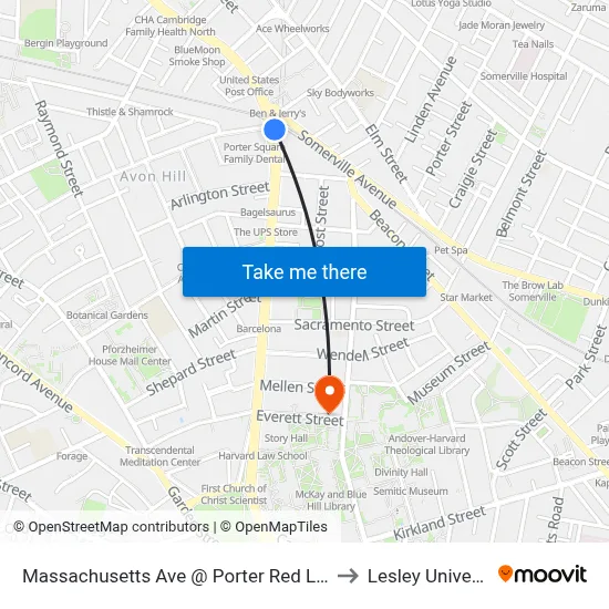 Massachusetts Ave @ Porter Red Line Sta to Lesley University map
