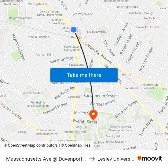 Massachusetts Ave @ Davenport St to Lesley University map