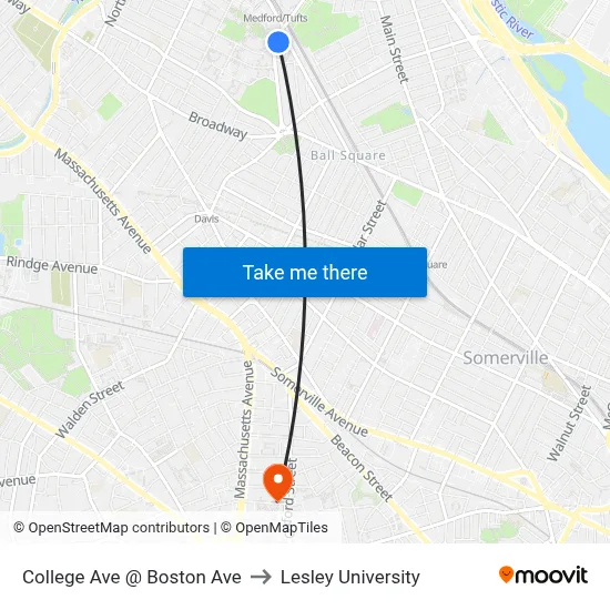 College Ave @ Boston Ave to Lesley University map