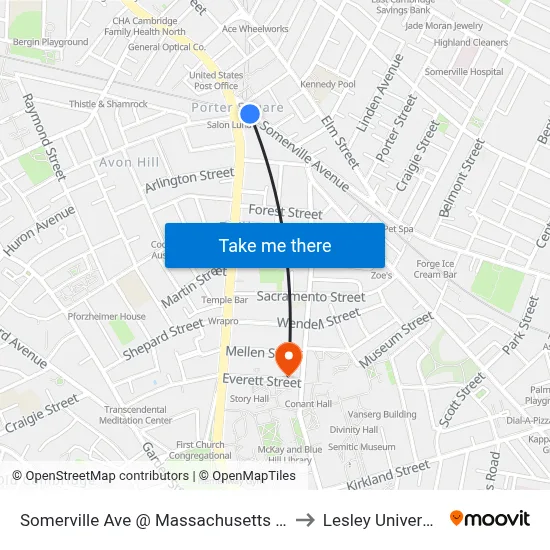 Somerville Ave @ Massachusetts Ave to Lesley University map