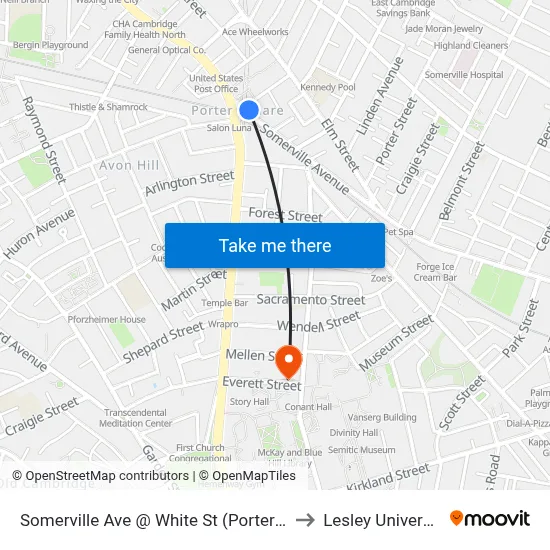 Somerville Ave @ White St (Porter Sq) to Lesley University map