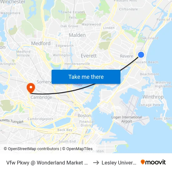 Vfw Pkwy @ Wonderland Market Place to Lesley University map