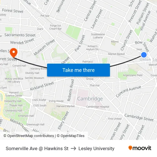 Somerville Ave @ Hawkins St to Lesley University map