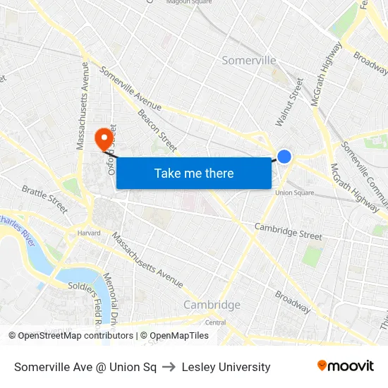 Somerville Ave @ Union Sq to Lesley University map