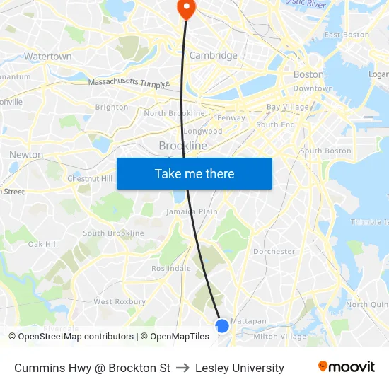 Cummins Hwy @ Brockton St to Lesley University map