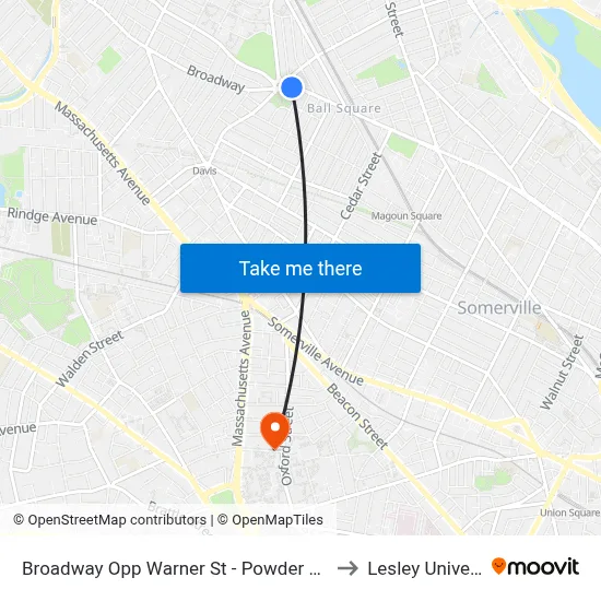 Broadway Opp Warner St - Powder House Sq to Lesley University map