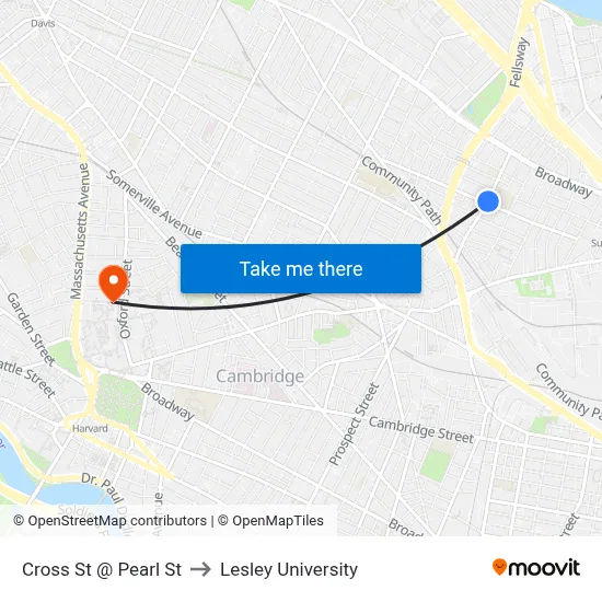 Cross St @ Pearl St to Lesley University map