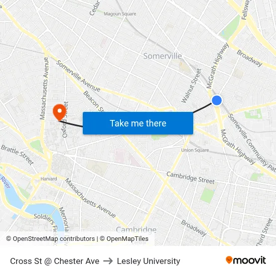 Cross St @ Chester Ave to Lesley University map