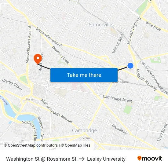 Washington St @ Rossmore St to Lesley University map