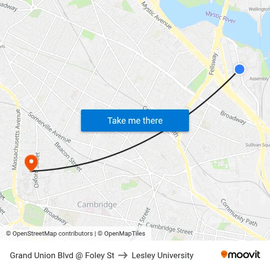 Grand Union Blvd @ Foley St to Lesley University map