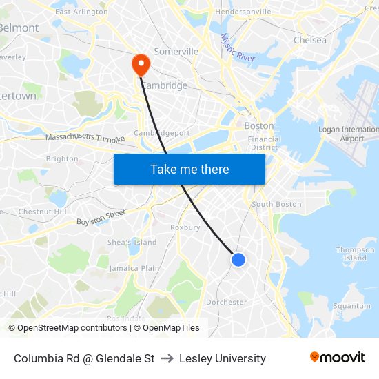 Columbia Rd @ Glendale St to Lesley University map