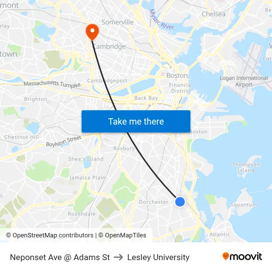 Neponset Ave @ Adams St to Lesley University map