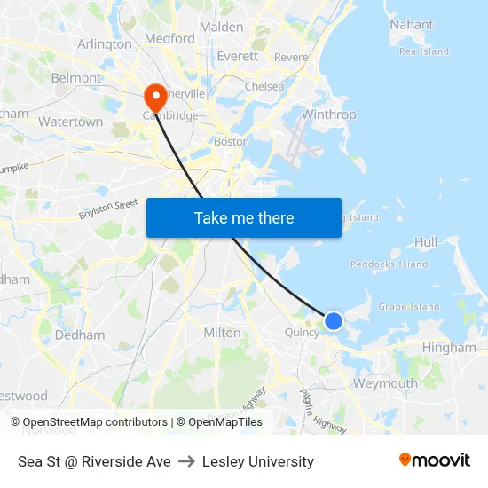Sea St @ Riverside Ave to Lesley University map