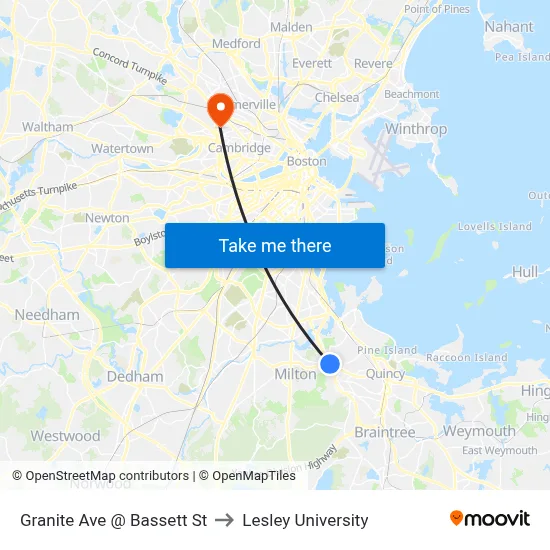 Granite Ave @ Bassett St to Lesley University map