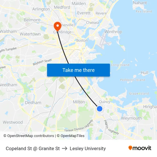 Copeland St @ Granite St to Lesley University map