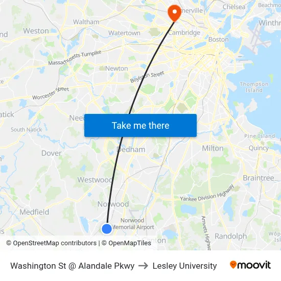 Washington St @ Alandale Pkwy to Lesley University map