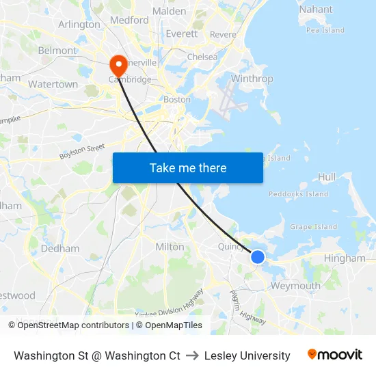 Washington St @ Washington Ct to Lesley University map