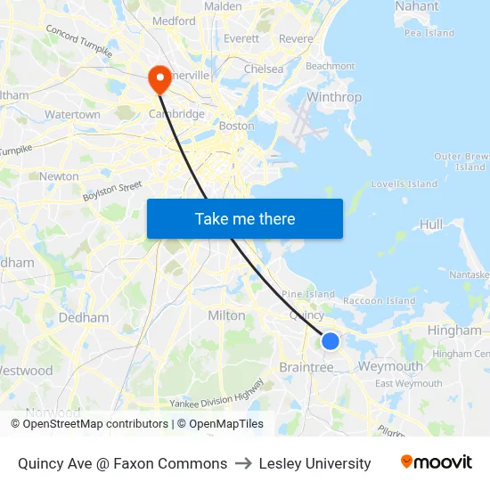 Quincy Ave @ Faxon Commons to Lesley University map