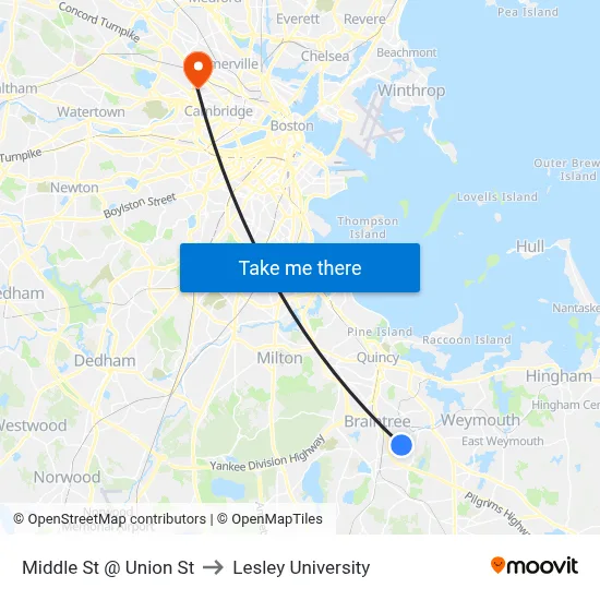 Middle St @ Union St to Lesley University map