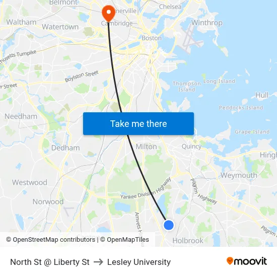 North St @ Liberty St to Lesley University map