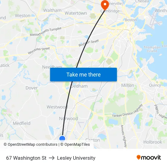 67 Washington St to Lesley University map