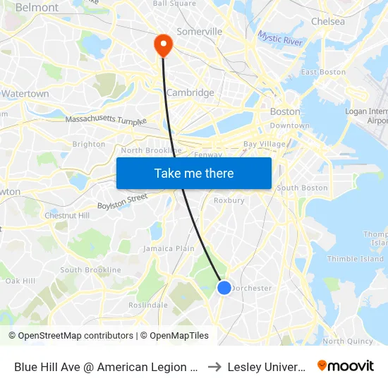 Blue Hill Ave @ American Legion Hwy to Lesley University map