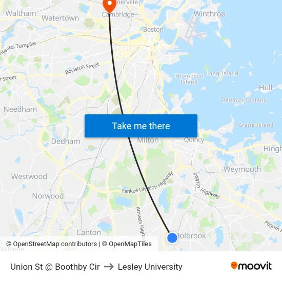 Union St @ Boothby Cir to Lesley University map