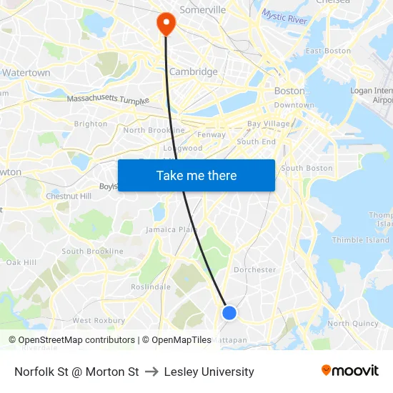 Norfolk St @ Morton St to Lesley University map