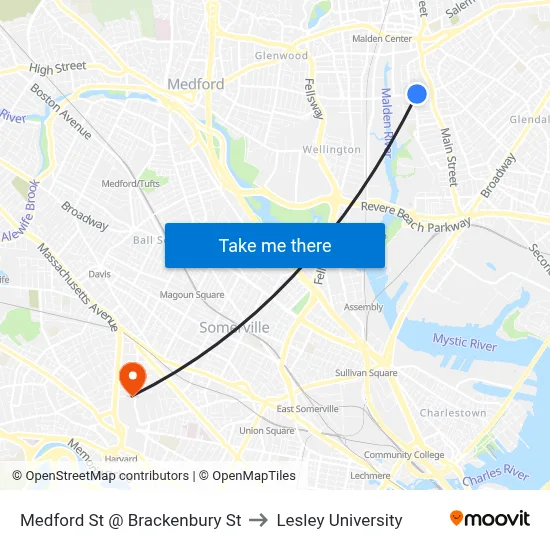 Medford St @ Brackenbury St to Lesley University map