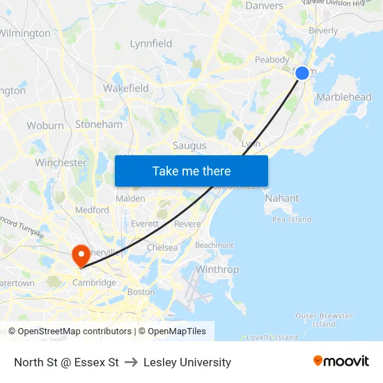 North St @ Essex St to Lesley University map