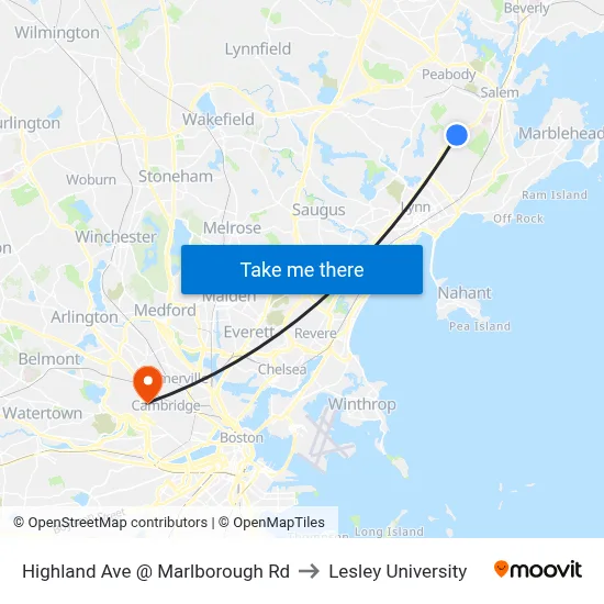 Highland Ave @ Marlborough Rd to Lesley University map
