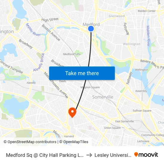 Medford Sq @ City Hall Parking Lot to Lesley University map