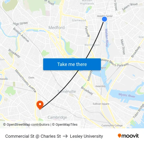 Commercial St @ Charles St to Lesley University map