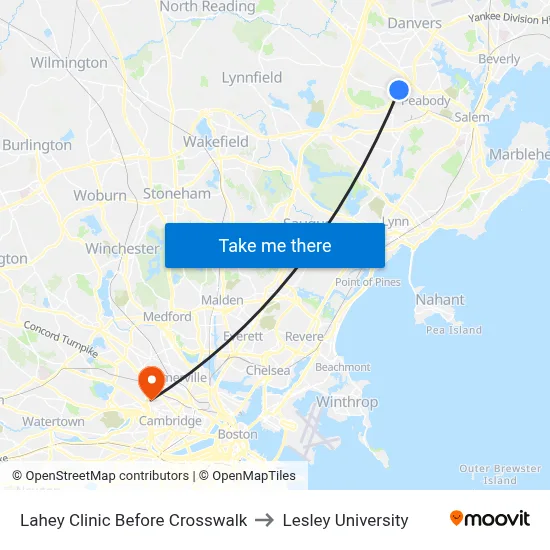 Lahey Clinic Before Crosswalk to Lesley University map