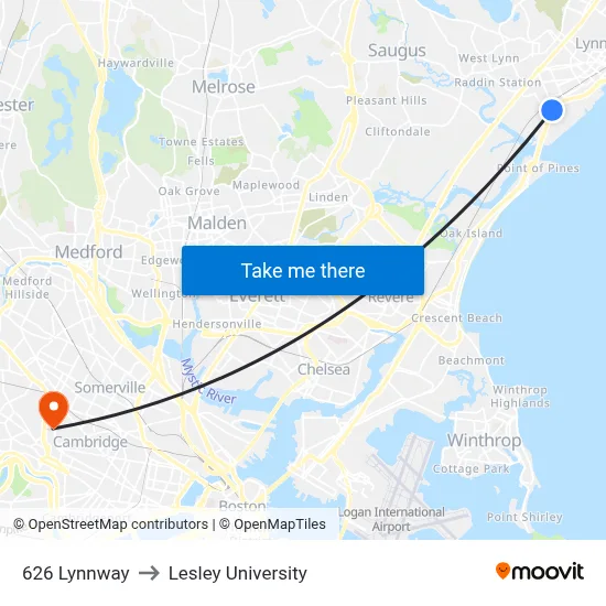 626 Lynnway to Lesley University map
