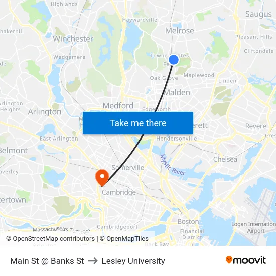 Main St @ Banks St to Lesley University map