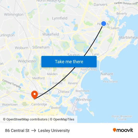 86 Central St to Lesley University map