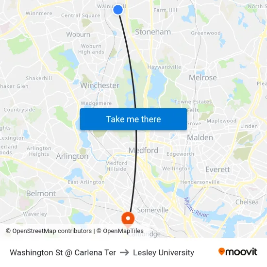Washington St @ Carlena Ter to Lesley University map