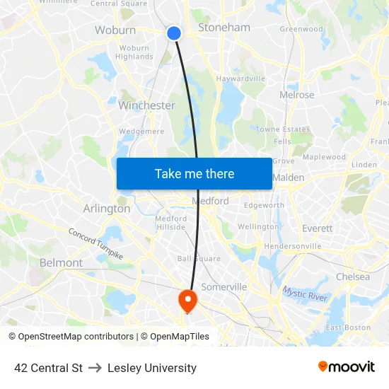 42 Central St to Lesley University map