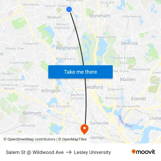 Salem St @ Wildwood Ave to Lesley University map