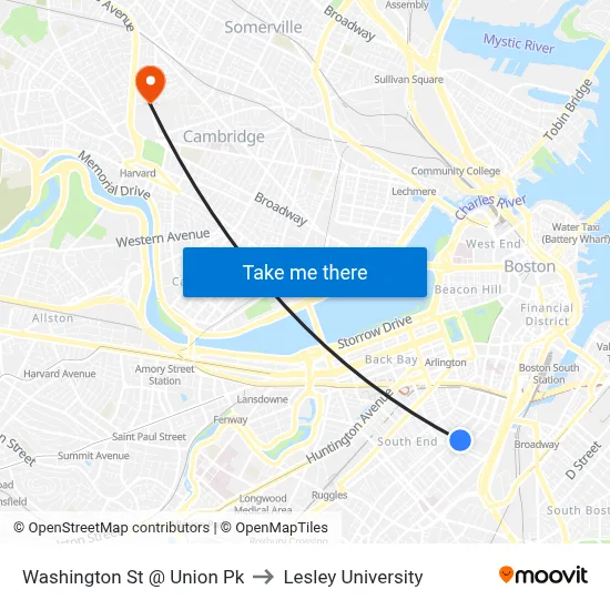 Washington St @ Union Pk to Lesley University map