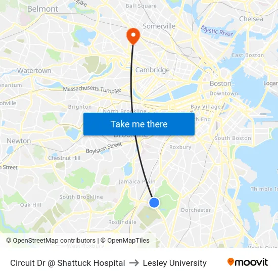 Circuit Dr @ Shattuck Hospital to Lesley University map