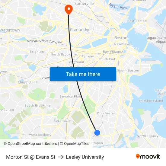 Morton St @ Evans St to Lesley University map