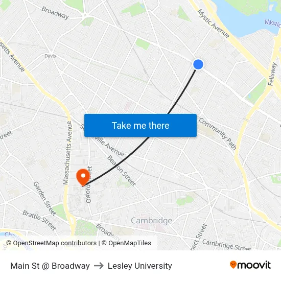 Main St @ Broadway to Lesley University map