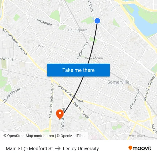 Main St @ Medford St to Lesley University map